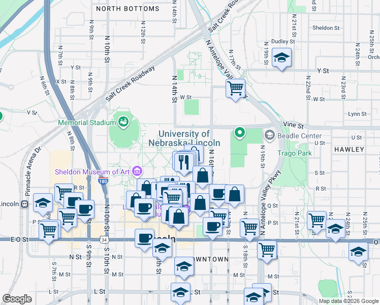 map of restaurants, bars, coffee shops, grocery stores, and more near 630 North 15th Street in Lincoln