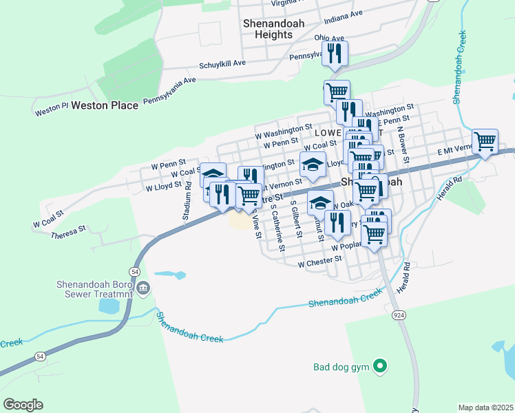 map of restaurants, bars, coffee shops, grocery stores, and more near 530 West Centre Street in Shenandoah
