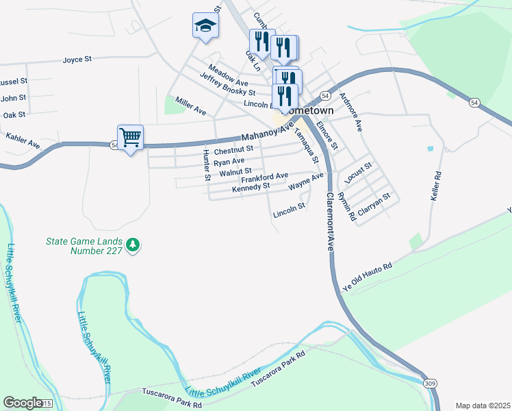 map of restaurants, bars, coffee shops, grocery stores, and more near 45 Wayne Avenue in Tamaqua