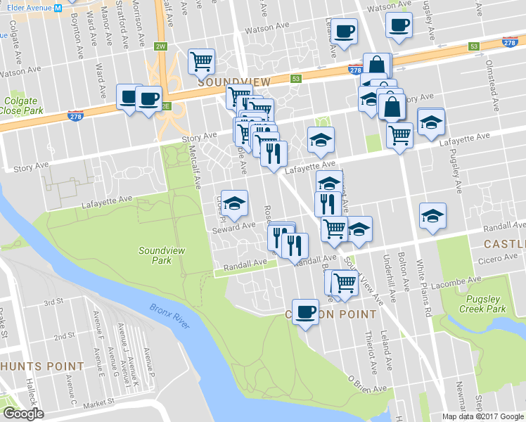 map of restaurants, bars, coffee shops, grocery stores, and more near 715 Rosedale Avenue in Bronx