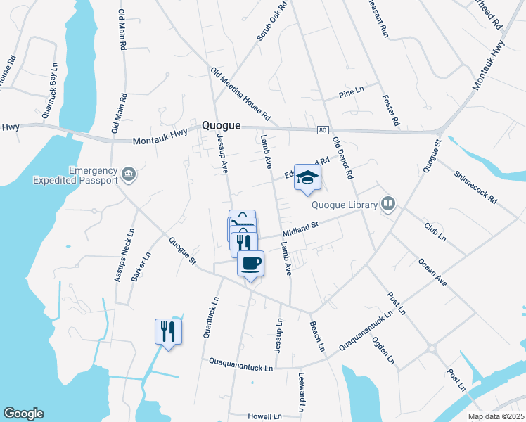 map of restaurants, bars, coffee shops, grocery stores, and more near 37 Lamb Avenue in Quogue