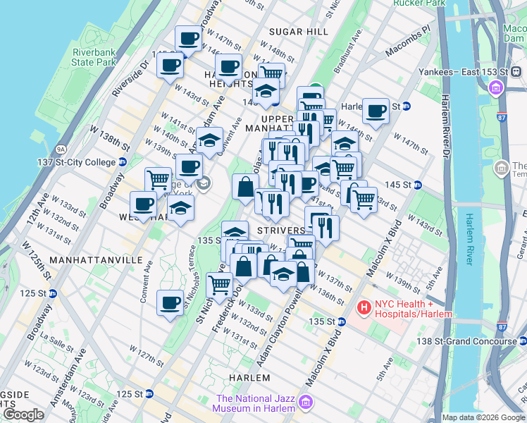 map of restaurants, bars, coffee shops, grocery stores, and more near 317 West 139th Street in New York
