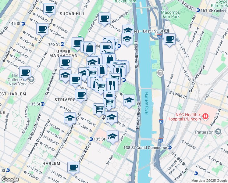 map of restaurants, bars, coffee shops, grocery stores, and more near 100 West 143rd Street in New York