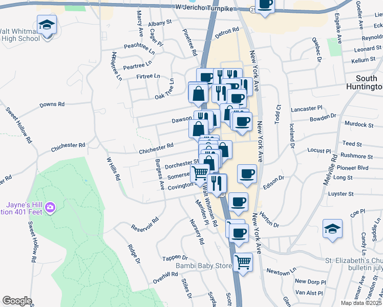map of restaurants, bars, coffee shops, grocery stores, and more near 10 Norwich Street in Huntington Station
