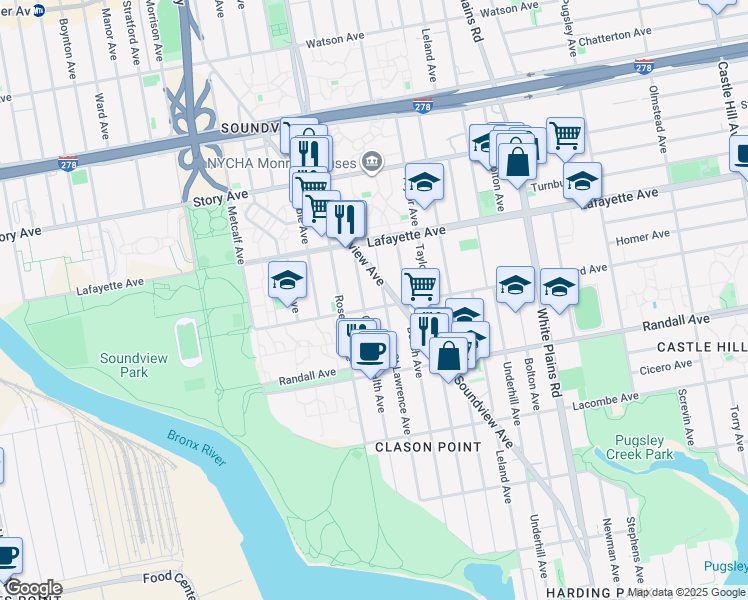 map of restaurants, bars, coffee shops, grocery stores, and more near 715 Saint Lawrence Avenue in Bronx