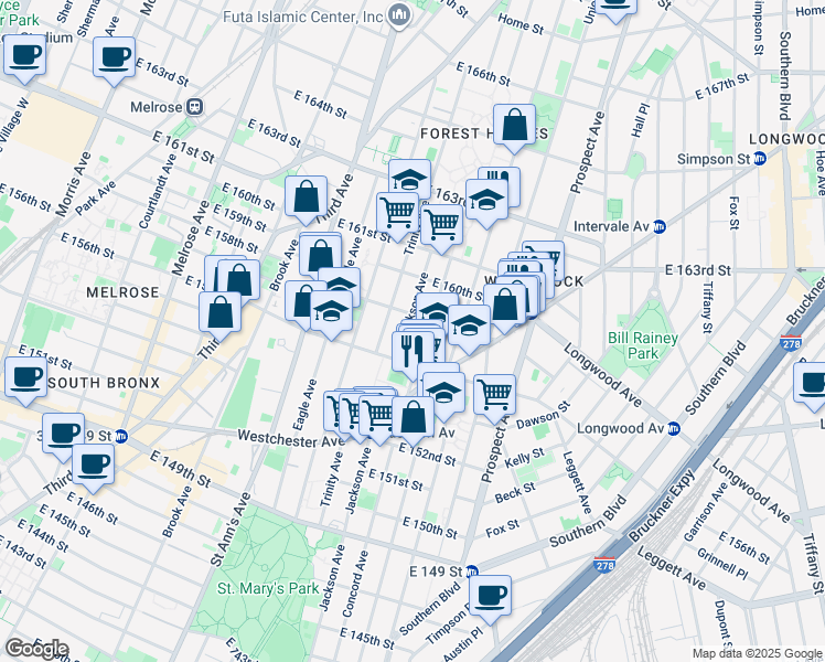 map of restaurants, bars, coffee shops, grocery stores, and more near 793 Jackson Avenue in Bronx