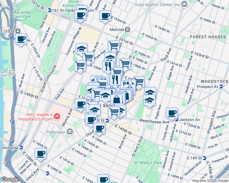 map of restaurants, bars, coffee shops, grocery stores, and more near 378 East 154th Street in Bronx