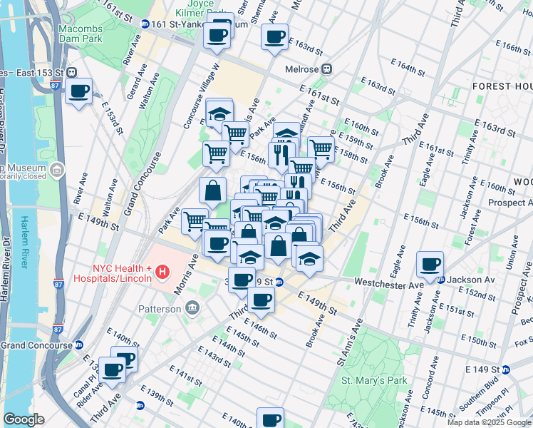 map of restaurants, bars, coffee shops, grocery stores, and more near 2825 3rd Avenue in Bronx