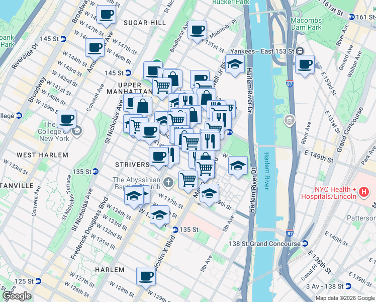 map of restaurants, bars, coffee shops, grocery stores, and more near 153 West 142nd Street in New York