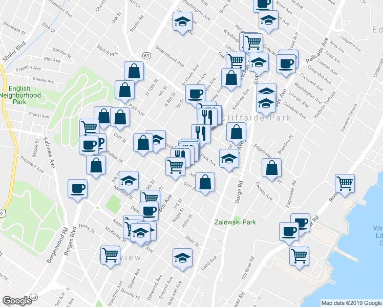 map of restaurants, bars, coffee shops, grocery stores, and more near 368 Park Avenue in Fairview
