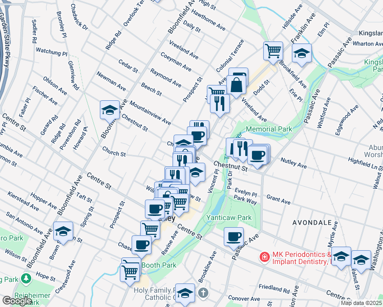 map of restaurants, bars, coffee shops, grocery stores, and more near 276 Chestnut Street in Nutley