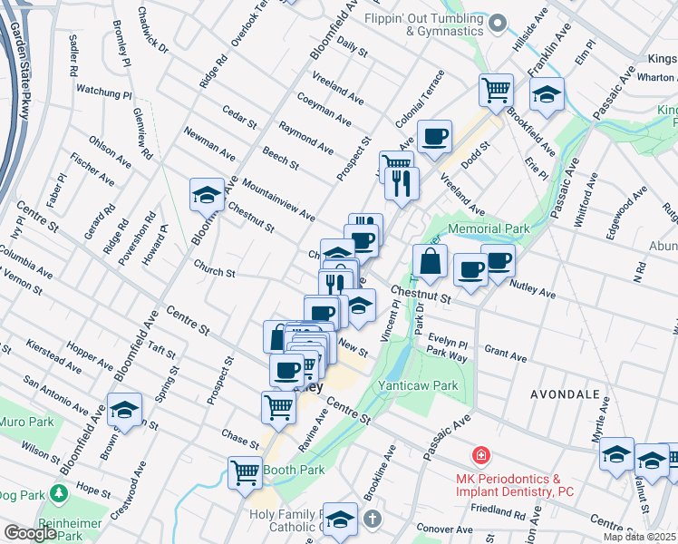 map of restaurants, bars, coffee shops, grocery stores, and more near 305 Chestnut Street in Nutley