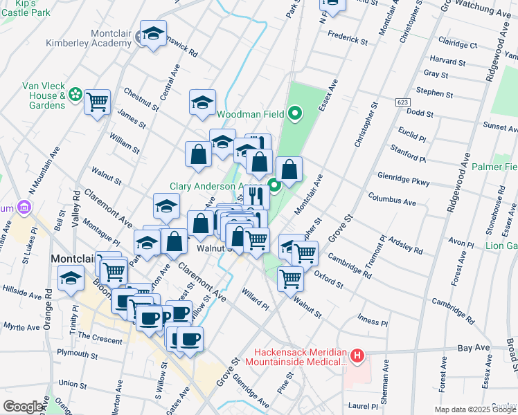 map of restaurants, bars, coffee shops, grocery stores, and more near 22 Sylvan Place in Montclair