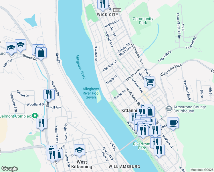 map of restaurants, bars, coffee shops, grocery stores, and more near 521 North Jefferson Street in Kittanning