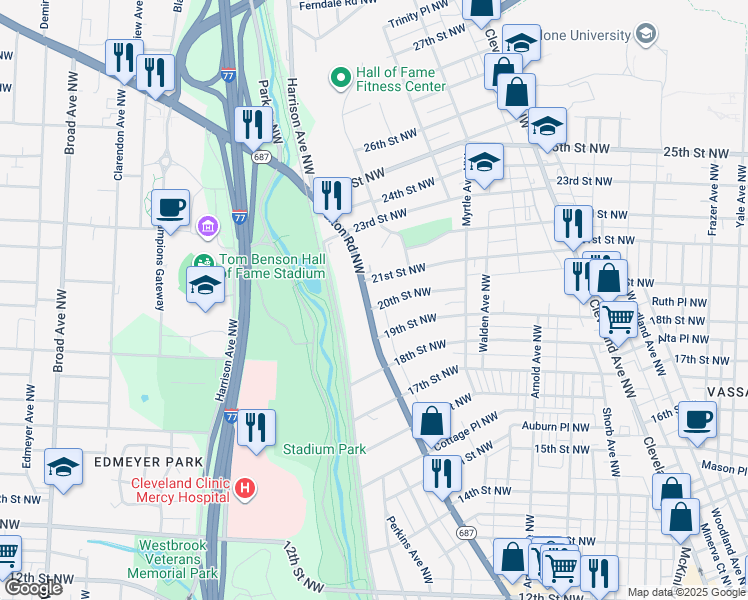 map of restaurants, bars, coffee shops, grocery stores, and more near 1611 20th Street Northwest in Canton