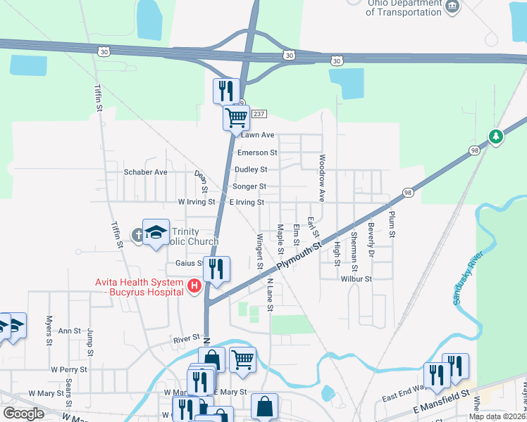 map of restaurants, bars, coffee shops, grocery stores, and more near 1031 Wingert Street in Bucyrus