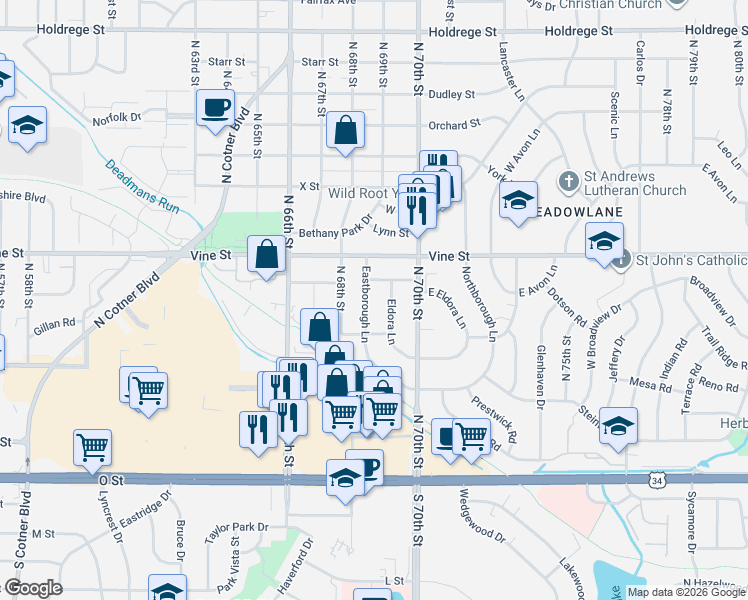 map of restaurants, bars, coffee shops, grocery stores, and more near 642 Eastborough Lane in Lincoln