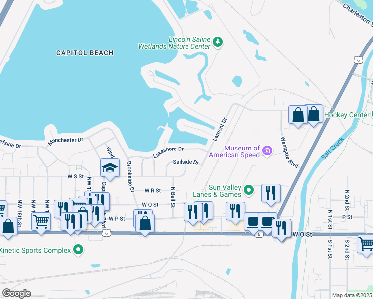 map of restaurants, bars, coffee shops, grocery stores, and more near 530 Lakeshore Drive in Lincoln