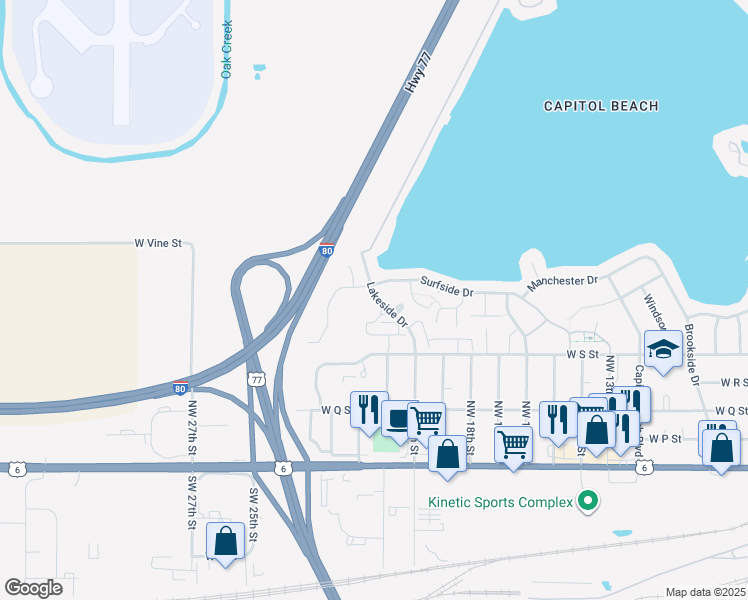map of restaurants, bars, coffee shops, grocery stores, and more near 800 Surfside Circle in Lincoln