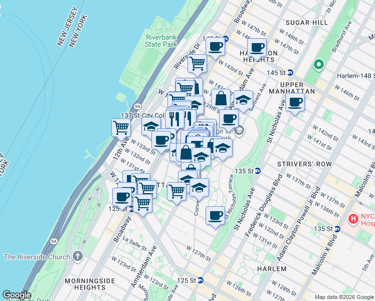 map of restaurants, bars, coffee shops, grocery stores, and more near 1518 Amsterdam Avenue in New York