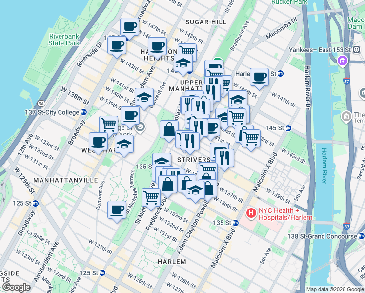 map of restaurants, bars, coffee shops, grocery stores, and more near 314 West 139th Street in New York
