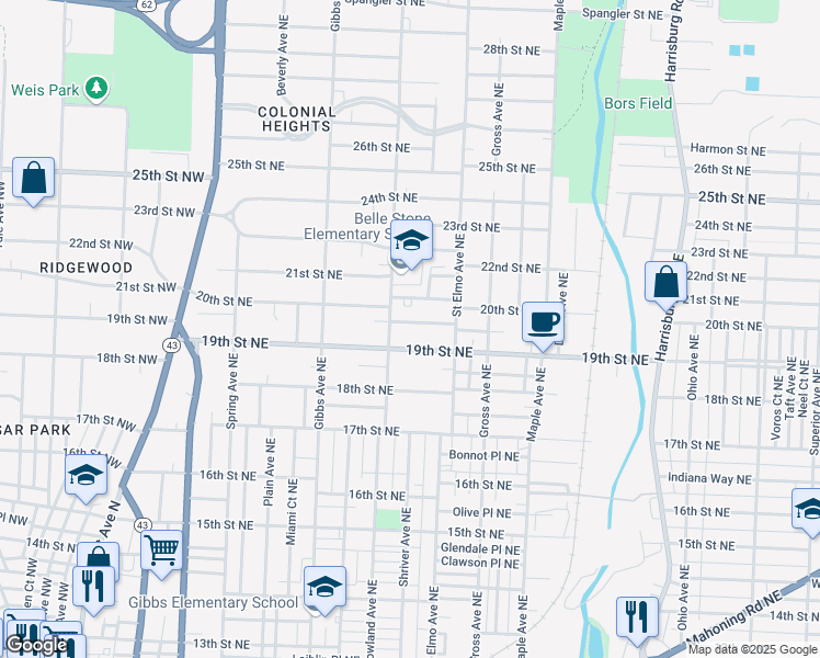 map of restaurants, bars, coffee shops, grocery stores, and more near 1318 Vermont Place Northeast in Canton