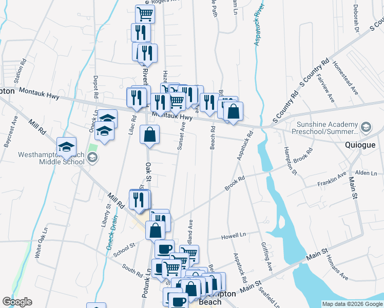 map of restaurants, bars, coffee shops, grocery stores, and more near 270 Sunset Avenue in Westhampton Beach