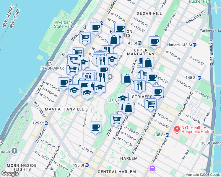 map of restaurants, bars, coffee shops, grocery stores, and more near 181 Convent Avenue in New York