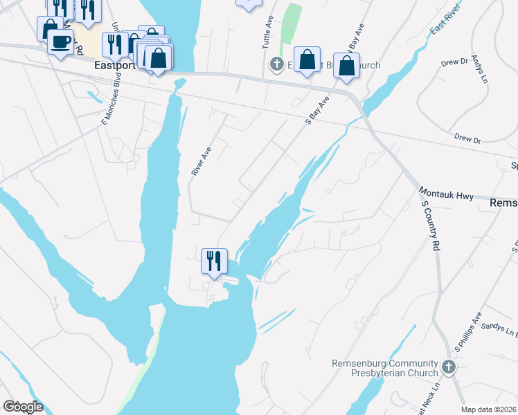 map of restaurants, bars, coffee shops, grocery stores, and more near 30 South Bay Avenue in Eastport