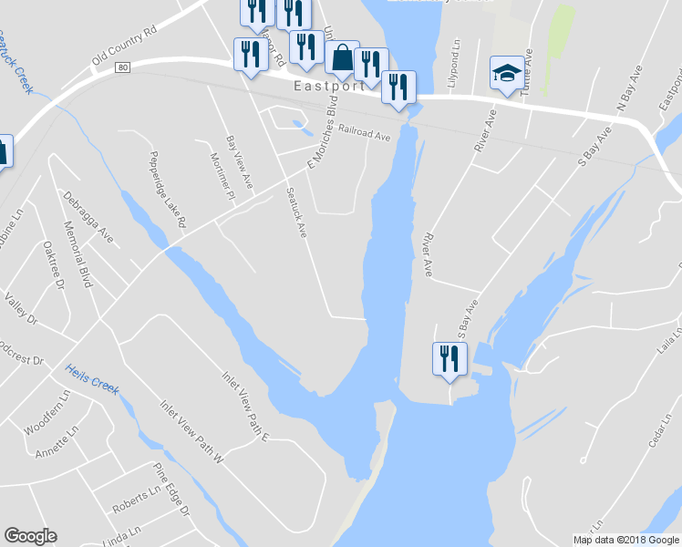 map of restaurants, bars, coffee shops, grocery stores, and more near 91 Seatuck Avenue in Eastport