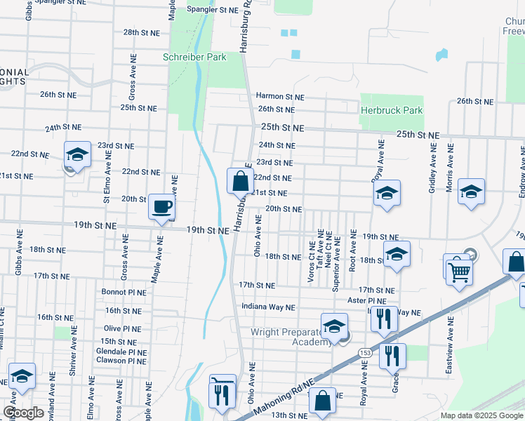 map of restaurants, bars, coffee shops, grocery stores, and more near 1932 Ohio Avenue Northeast in Canton