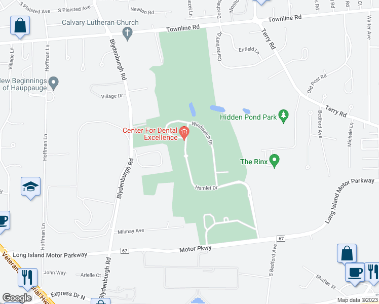 map of restaurants, bars, coffee shops, grocery stores, and more near 57 Hamlet Drive in Hauppauge