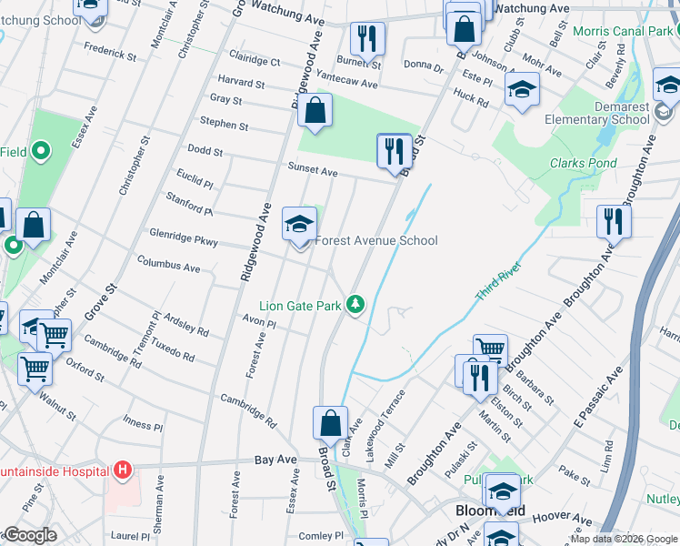 map of restaurants, bars, coffee shops, grocery stores, and more near 778 Broad Street in Bloomfield