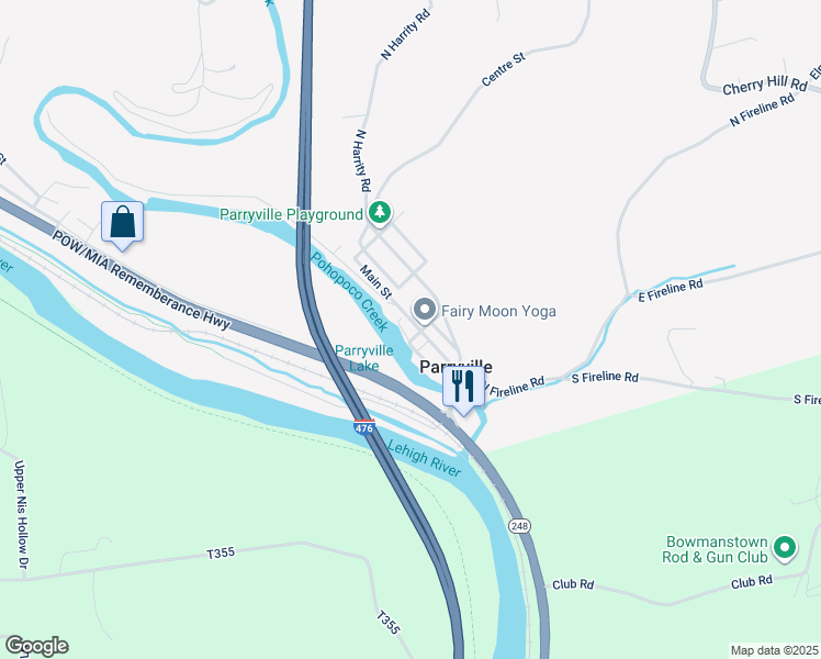map of restaurants, bars, coffee shops, grocery stores, and more near 246 Main Street in Parryville