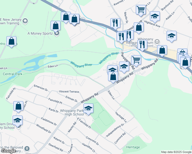 map of restaurants, bars, coffee shops, grocery stores, and more near 18 Eden Ln in Whippany