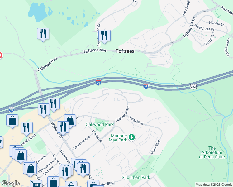 map of restaurants, bars, coffee shops, grocery stores, and more near 405 Oakwood Avenue in State College