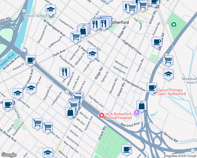 map of restaurants, bars, coffee shops, grocery stores, and more near 237 Ridge Road in Rutherford