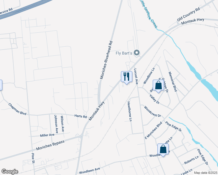 map of restaurants, bars, coffee shops, grocery stores, and more near 165 Montauk Highway in East Moriches