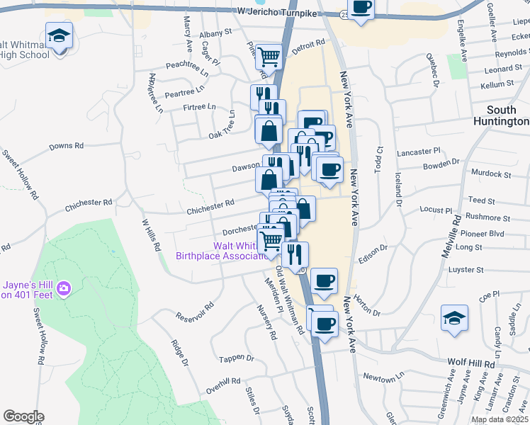 map of restaurants, bars, coffee shops, grocery stores, and more near 10 Norwich Street in Huntington Station