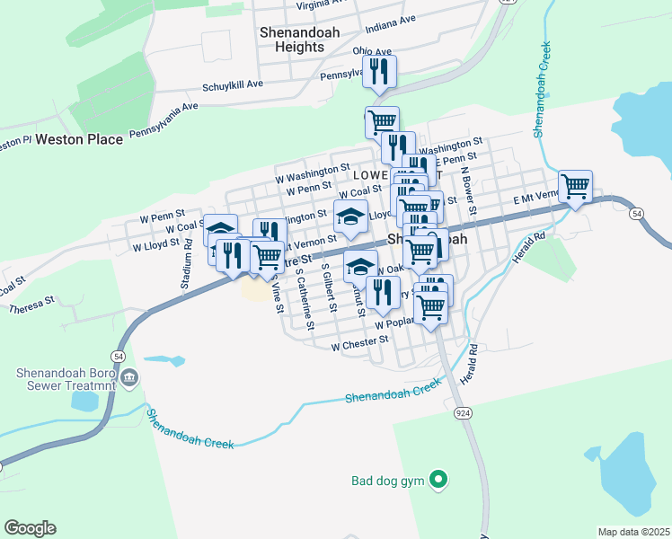 map of restaurants, bars, coffee shops, grocery stores, and more near 324 West New York Street in Shenandoah