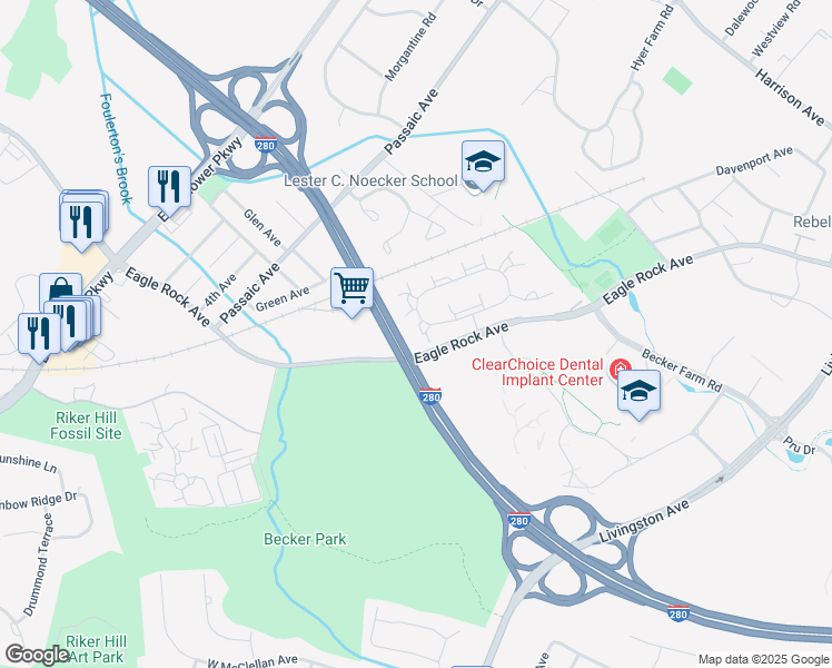 map of restaurants, bars, coffee shops, grocery stores, and more near 20 Mulford Court in Roseland