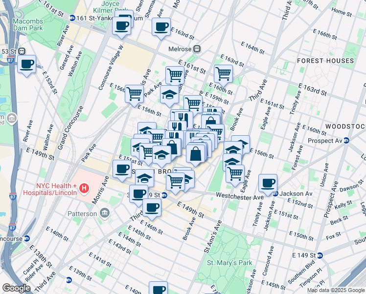 map of restaurants, bars, coffee shops, grocery stores, and more near 413 East 154th Street in Bronx
