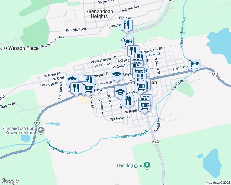 map of restaurants, bars, coffee shops, grocery stores, and more near 306 West New York Street in Shenandoah