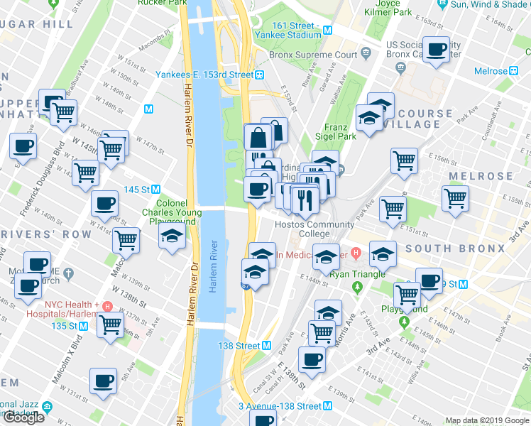 map of restaurants, bars, coffee shops, grocery stores, and more near 65 East 149th Street in The Bronx