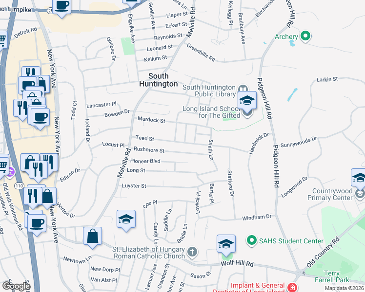 map of restaurants, bars, coffee shops, grocery stores, and more near 50 Teed Street in Huntington Station