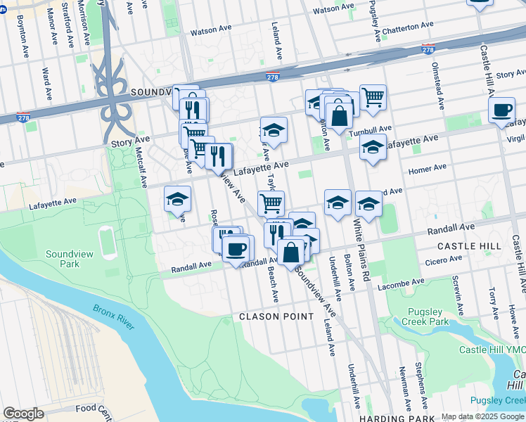 map of restaurants, bars, coffee shops, grocery stores, and more near 1809 Seward Avenue in Bronx