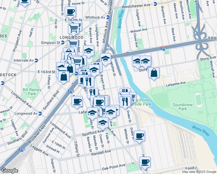 map of restaurants, bars, coffee shops, grocery stores, and more near 1345 Seneca Avenue in Bronx