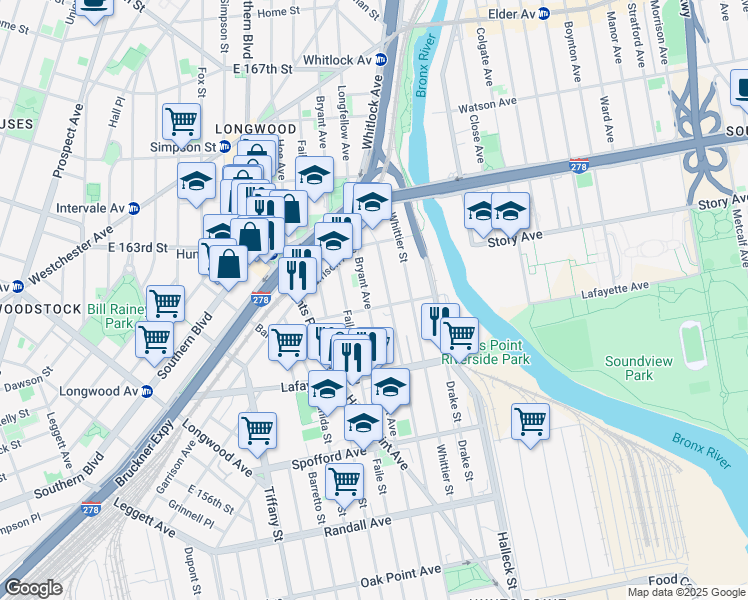 map of restaurants, bars, coffee shops, grocery stores, and more near 887 Bryant Avenue in The Bronx