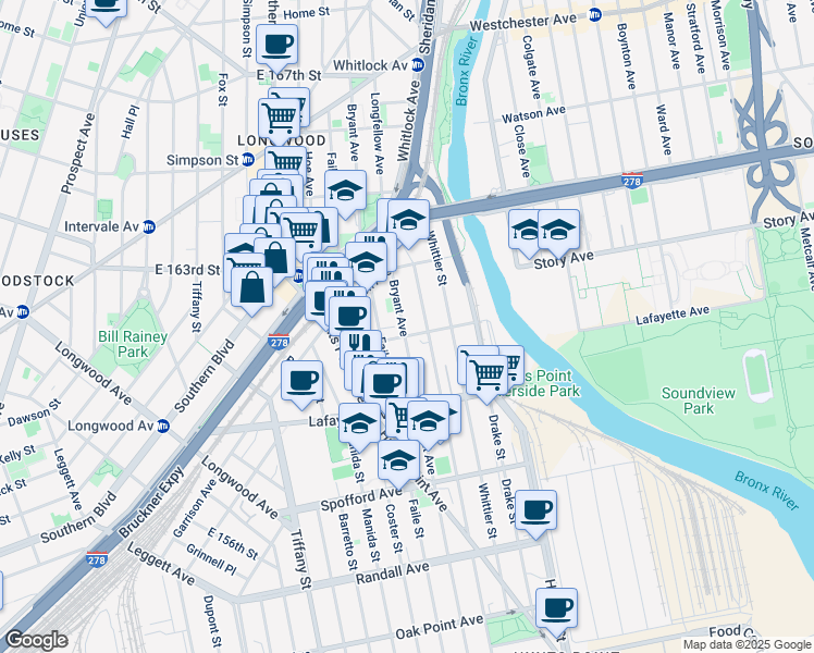 map of restaurants, bars, coffee shops, grocery stores, and more near 887 Bryant Avenue in The Bronx