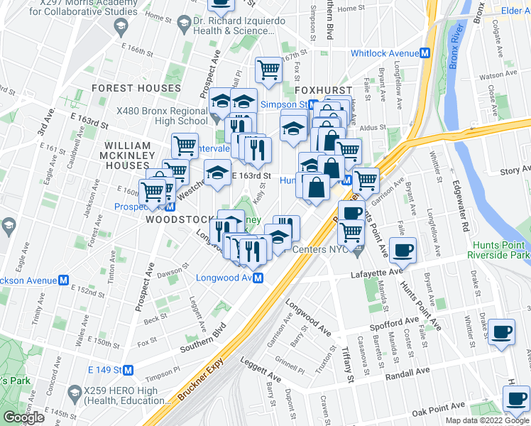 map of restaurants, bars, coffee shops, grocery stores, and more near 900 Intervale Avenue in The Bronx